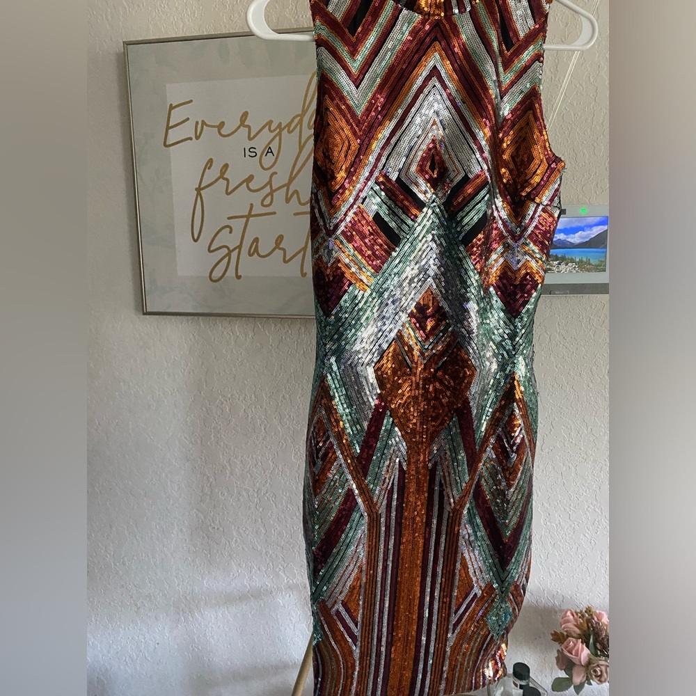 Brand Banjul multi-color sequined mockneckbcocktail dress